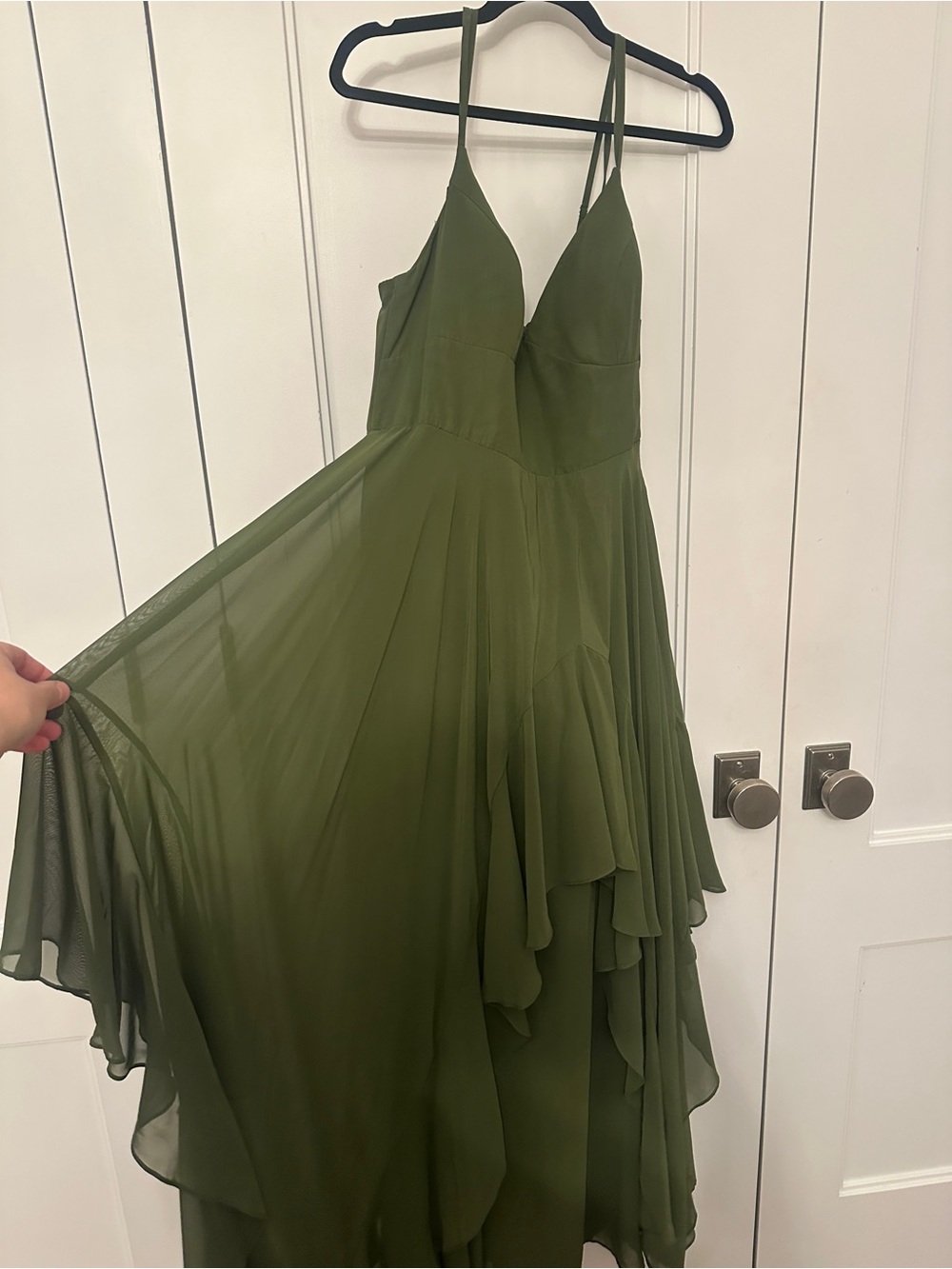 Azazie Olive Green Chiffon Maxi Dress Asymmetrical Ruffle Formal Gown